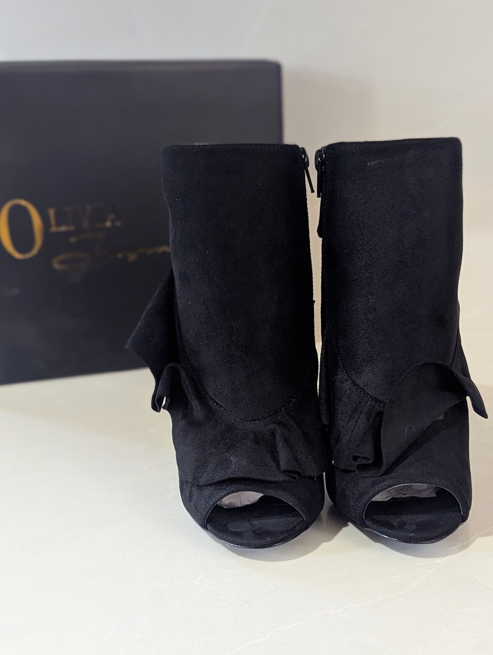 Olivia Ferguson Black Suede Peep-Toe Ruffle Ankle Boots